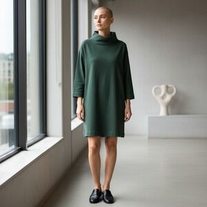 COS Dark Green Folded Collar Long Sleeve Dress Size 8 Cupro Cotton Minimalist